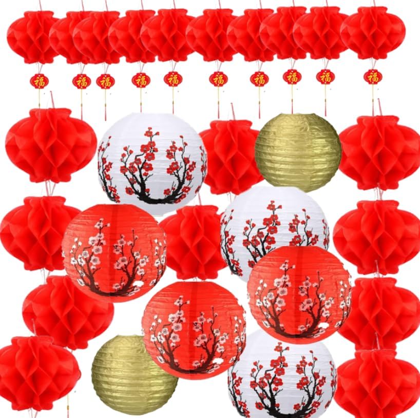 28 Pcs Chinese New Year Decorations Japanese Paper Lanterns Chinese Red Cherry Blossom Hanging Lanterns for Lunar New Year Spring Festival Asian Hibachi Home Restaurant Decoration