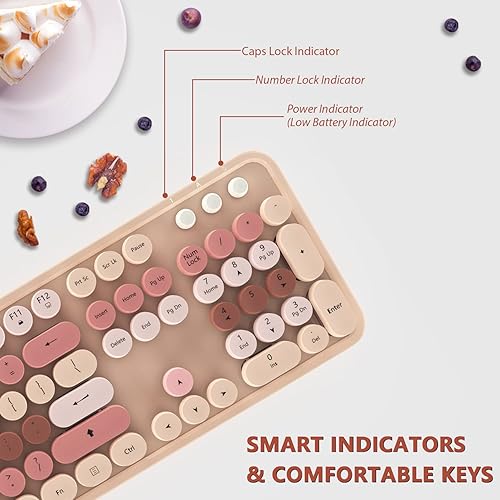 Miniatura 2 de Teclado y mouse inalámbricos, teclado inalámbrico de 2.4 G con tapa redonda retro para PC, Mac, laptop, ventanas de computadora (té con leche)
