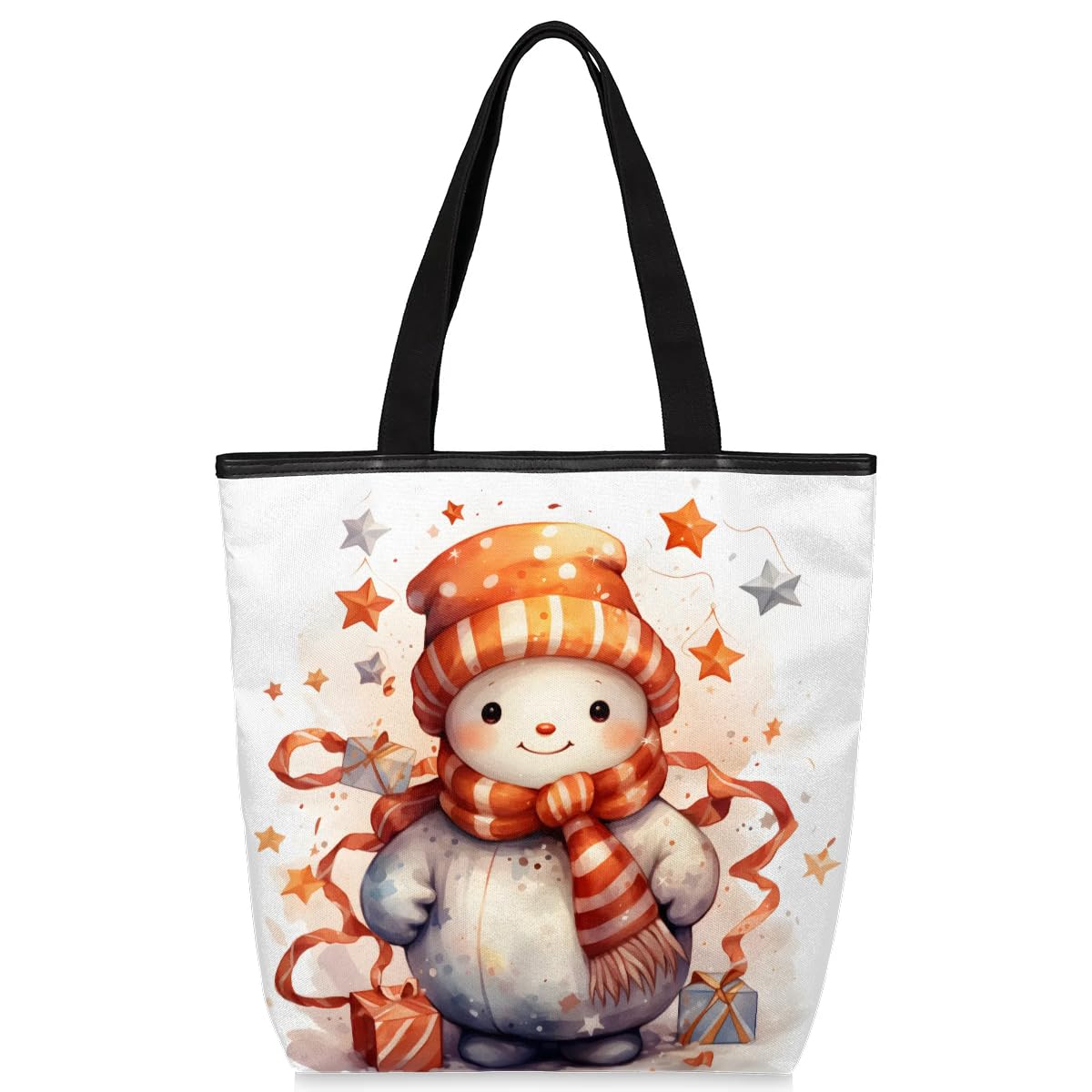 Mularoka Cute Cartoon Watercolour Snowman Canvas Tote Bag with Zipper and Pockets Canvas Tote Shopping Bag Women Reusable Grocery Bag for Beach Travel Gym Shopping