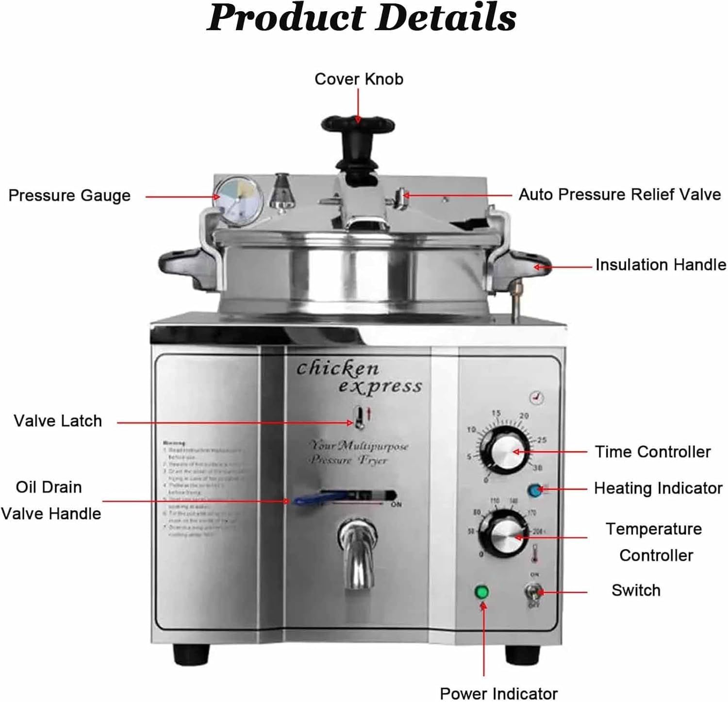 16L Electric Countertop Pressure Fryer 304 Stainless Commercial Electric Countertop Pressure Air Fryer Chicken Fish Pressure Fryer Machine with Large Oil Tank for Restaurant Snack Shops