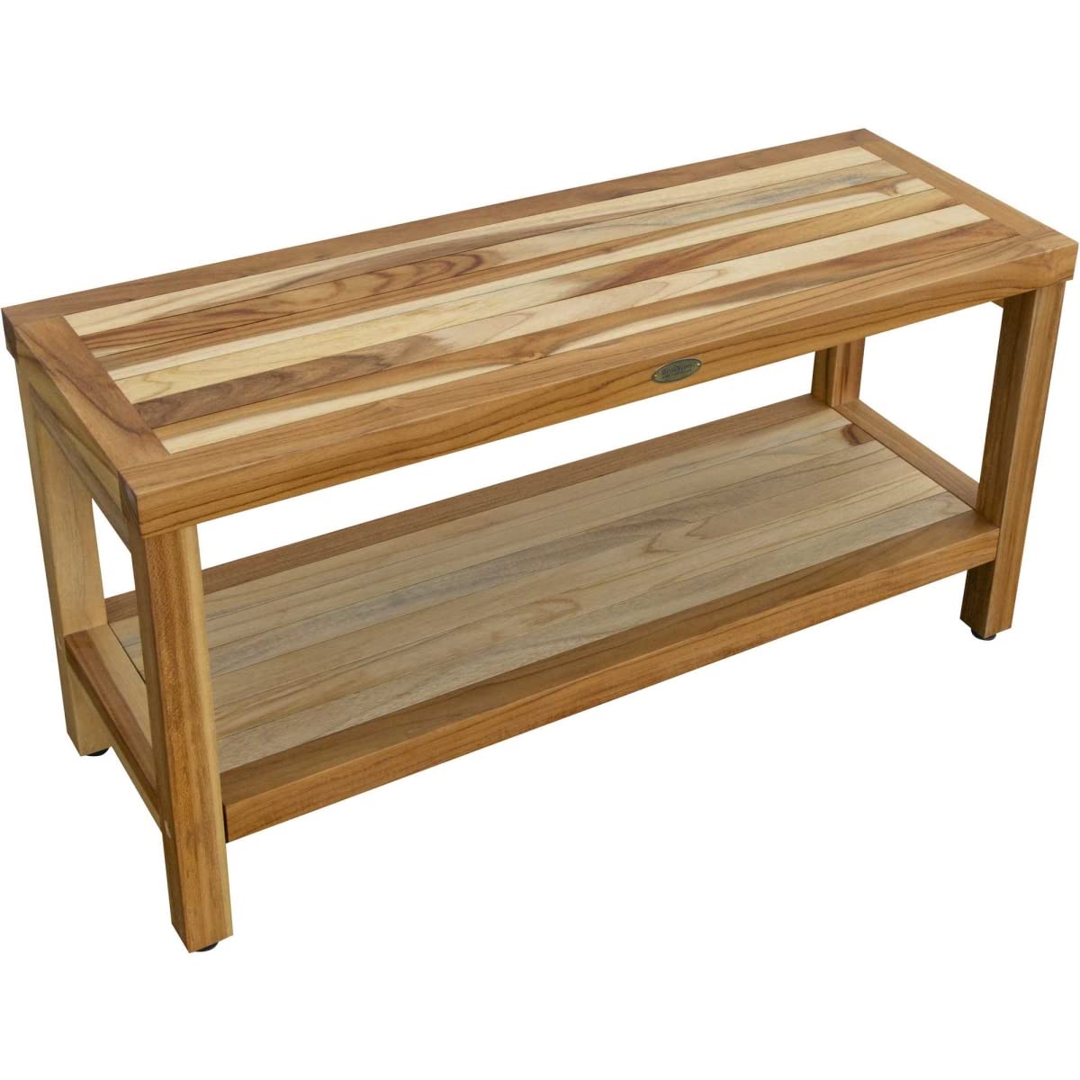 Large Rectangular Teak Bench with Shelf in Natural