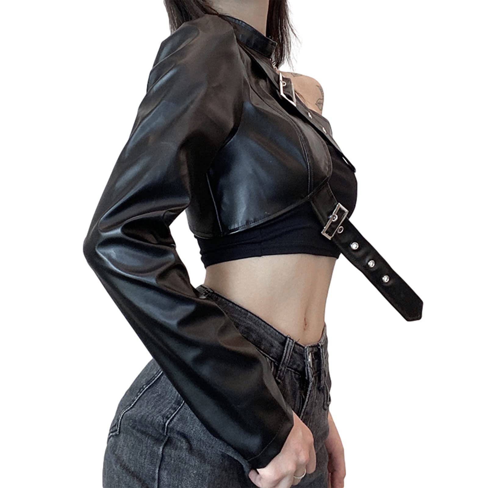Veste courte en cuir style punk pour femme - Cool - Manches longues - Cintre en cuir - Ceinture en cuir irrégulière
