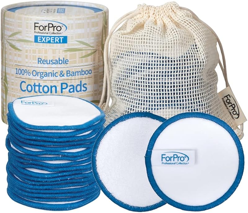 ForPro Professional Collection Discos reutilizáveis de algodão e bambu para remoção de maquiagem com bolsa e recipiente, pacote com 20