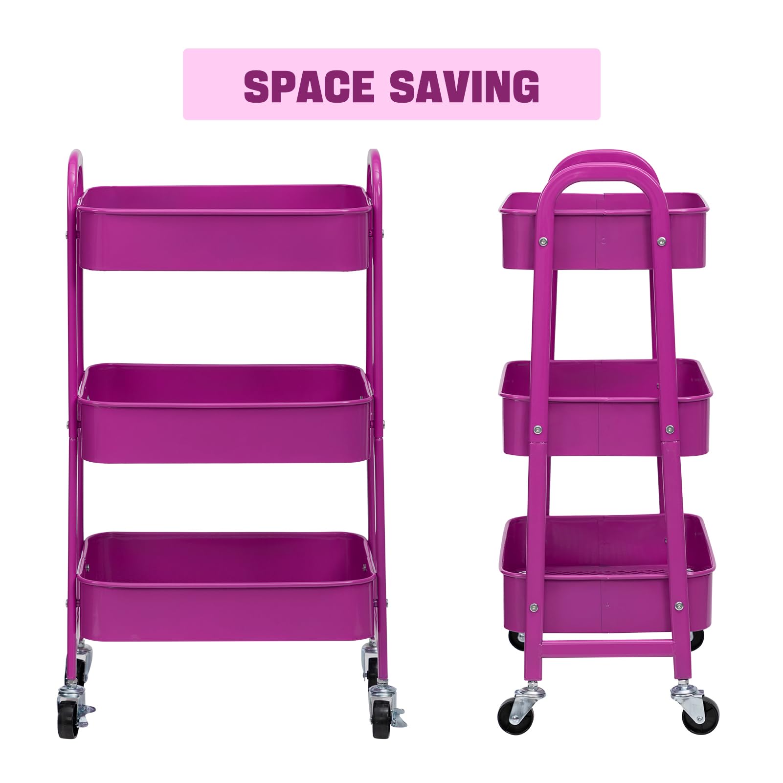 Carrito rodante de metal de 3 niveles con ruedas, estantes versátiles para manualidades de cocina y utilidad, solución de almacenamiento morado oscuro para baño, oficina y hogar