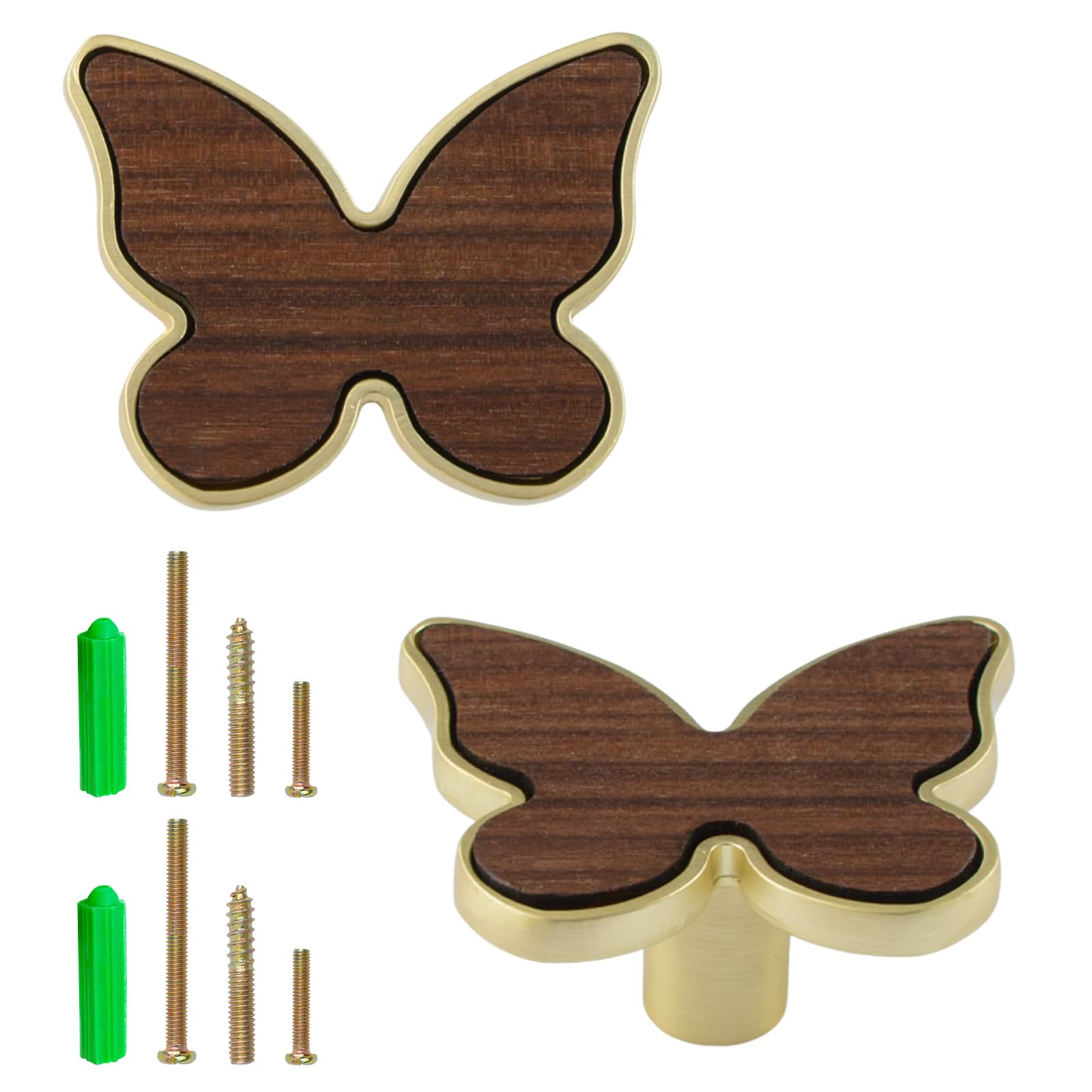 MOROBOR Large Decorative Butterfly Cabinet Knobs, 2 Pack Creative Dresser Drawer Pulls Furniture Cupboard Door Pull Handles Single Hole Zinc Alloy Furniture Knobs/Gold Base with Walnut Surface โ image 1