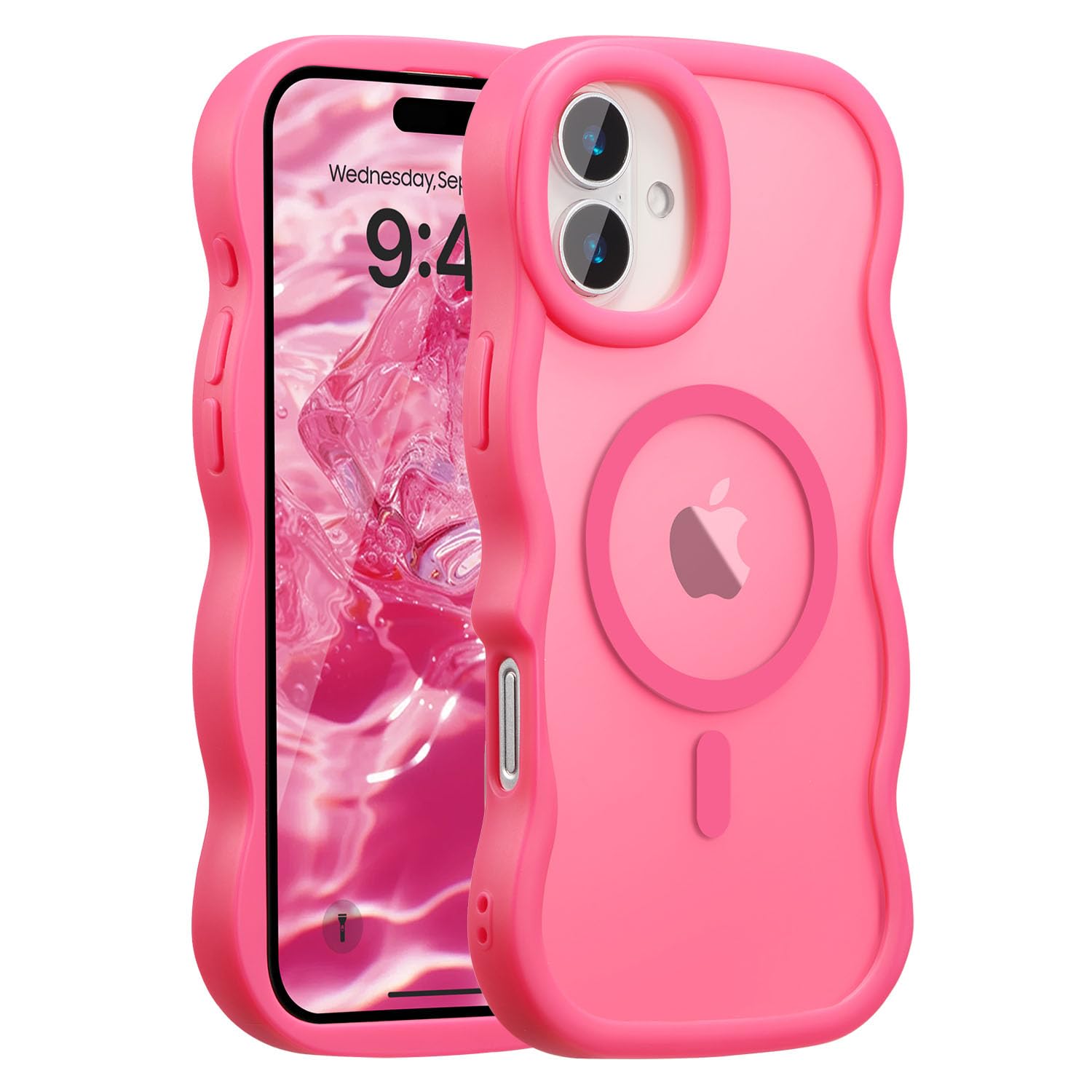 UEEBAI 対応 iPhone 16 Plus 用の ケース 透明 TPU ウェーブデザイン スマホケース クリア 可愛い 人気 おしゃれ ケース MagSafe対応 薄型 軽量 耐衝撃 波型 バンパー スマホケース - ホットピンク