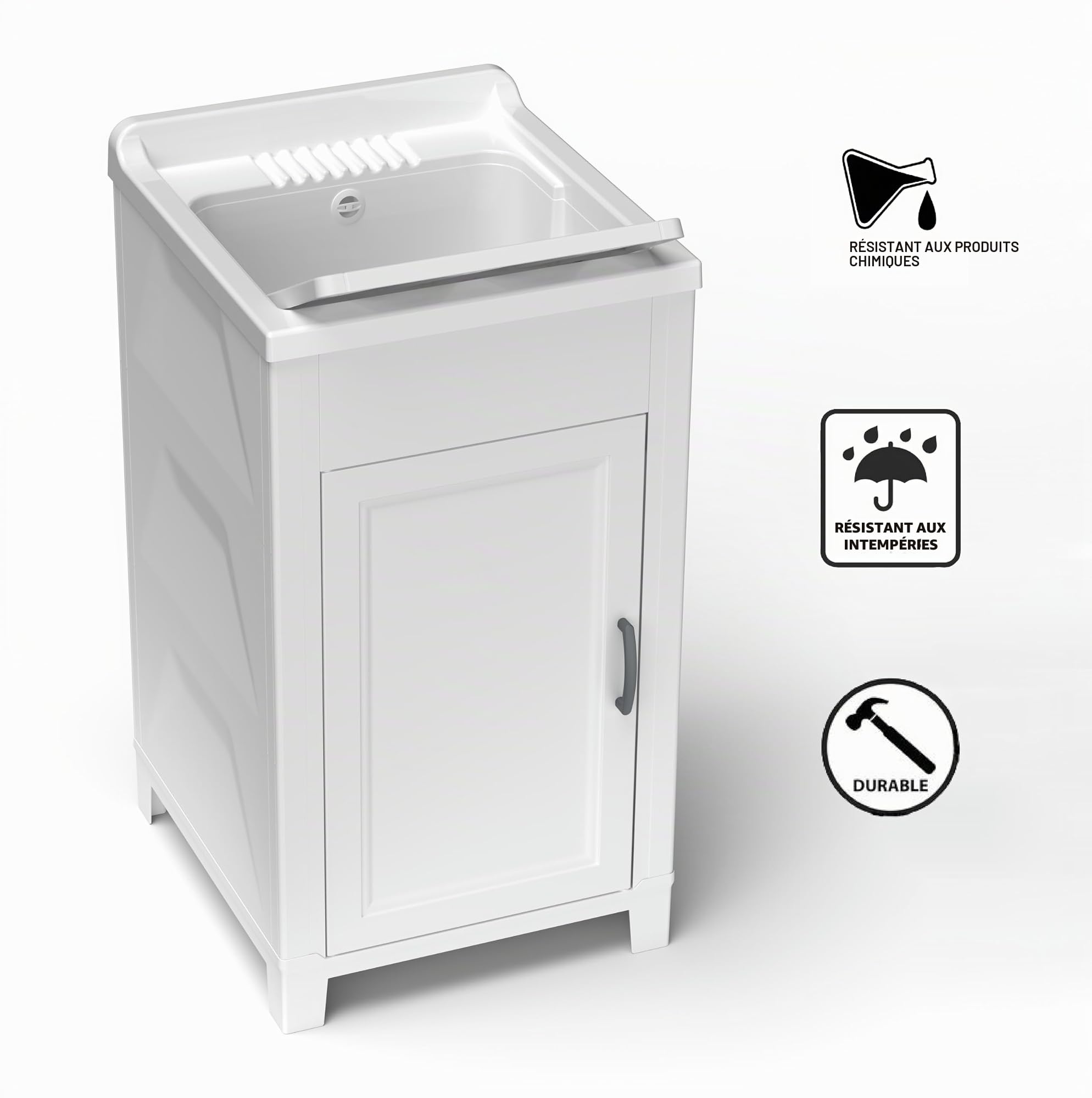 Adventa: Meuble lavabo en résine de PP, Facile à Assembler, Baignoire résistante aux acides d'usage Courant, buanderie, Garage, extérieur, 45L x 50P x 85H cm, Blanc