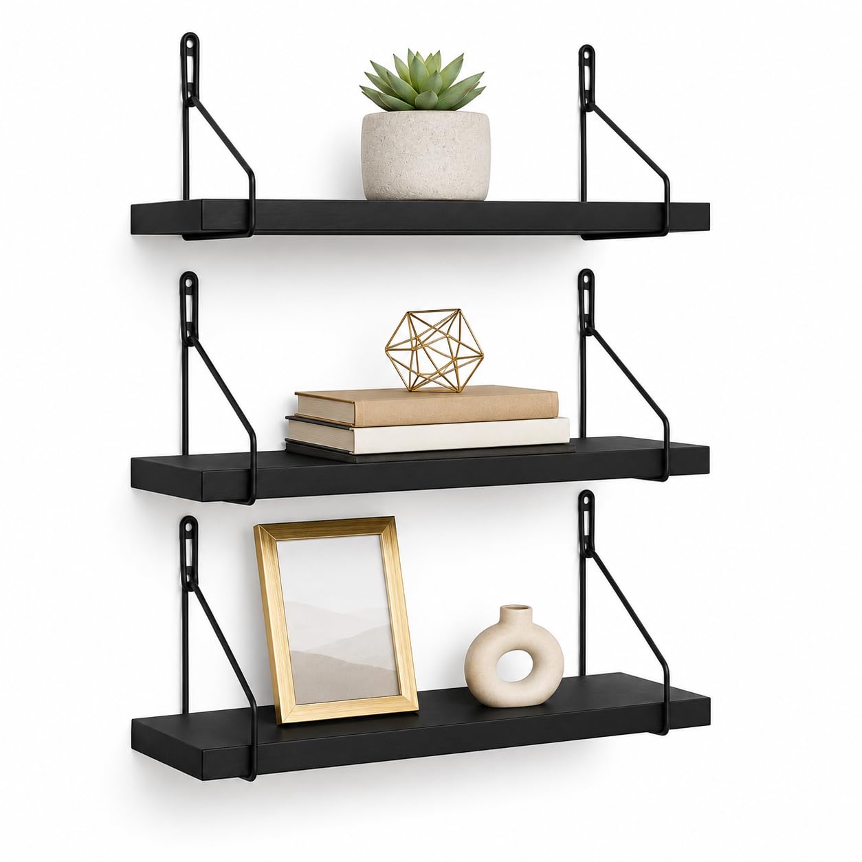 Kit 3 Prateleiras de Parede com Suporte Aramado, Pinus ou MDF, Decorativa, Livros e Vasos (Preto/Preto, 40x25)
