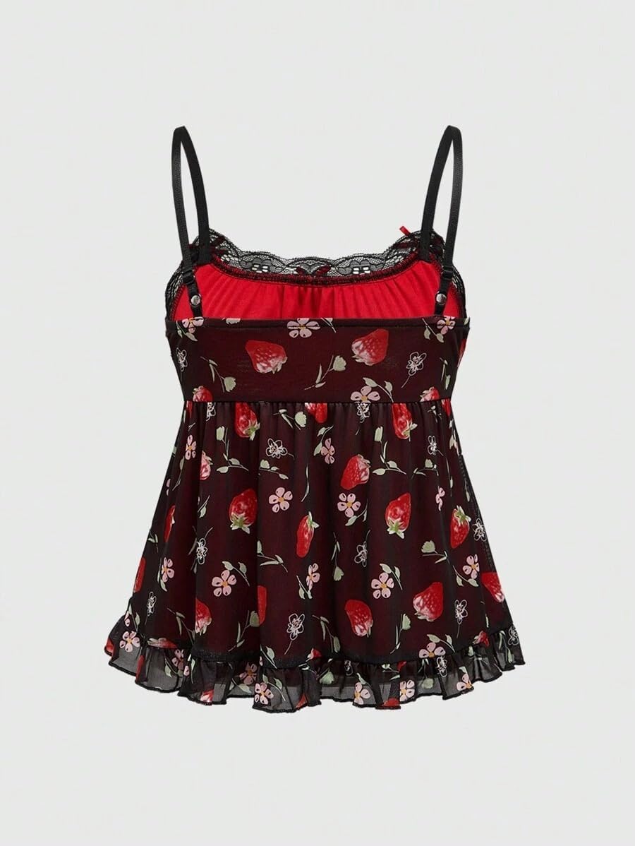 WDIRARA Women's Plus Size Strawberry Print Cami Top Mesh Camisole Lace Peplum Tops - Image 2