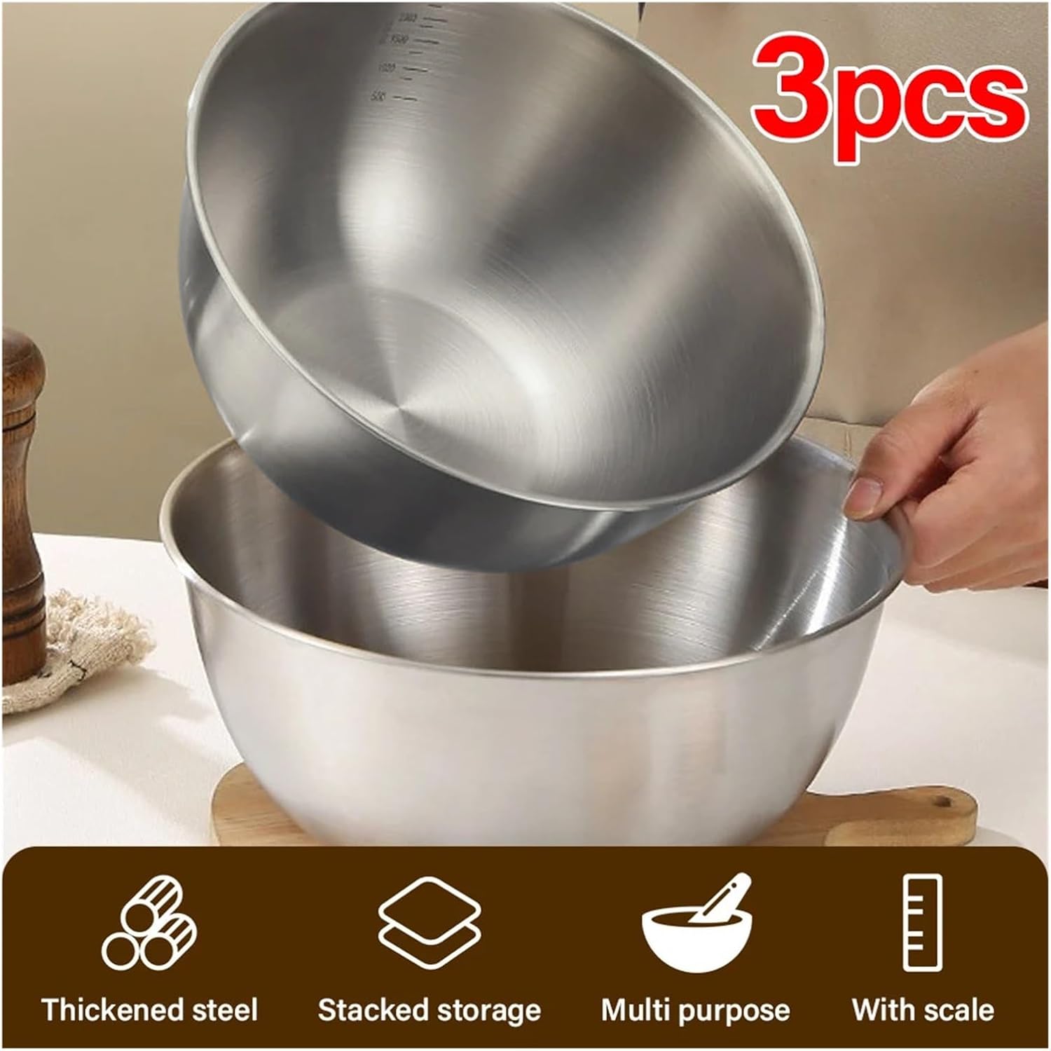 Stainless Steel Mixing Bowl 3Pcs/set Universal Cooking Bowl with Scale Thickened Stainless Steel Mixing Kitchen Baking Prepping Salad Whisk