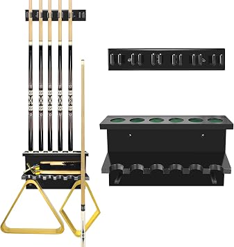 Wall Mounted Pool Stick Holder, Pool Cue Rack Hardwood Pool Cue Set Holder for 6 Cues Sticks Storage Pool Table Accessories Organizer,Billiard Cue Rack for Game Room Club Black