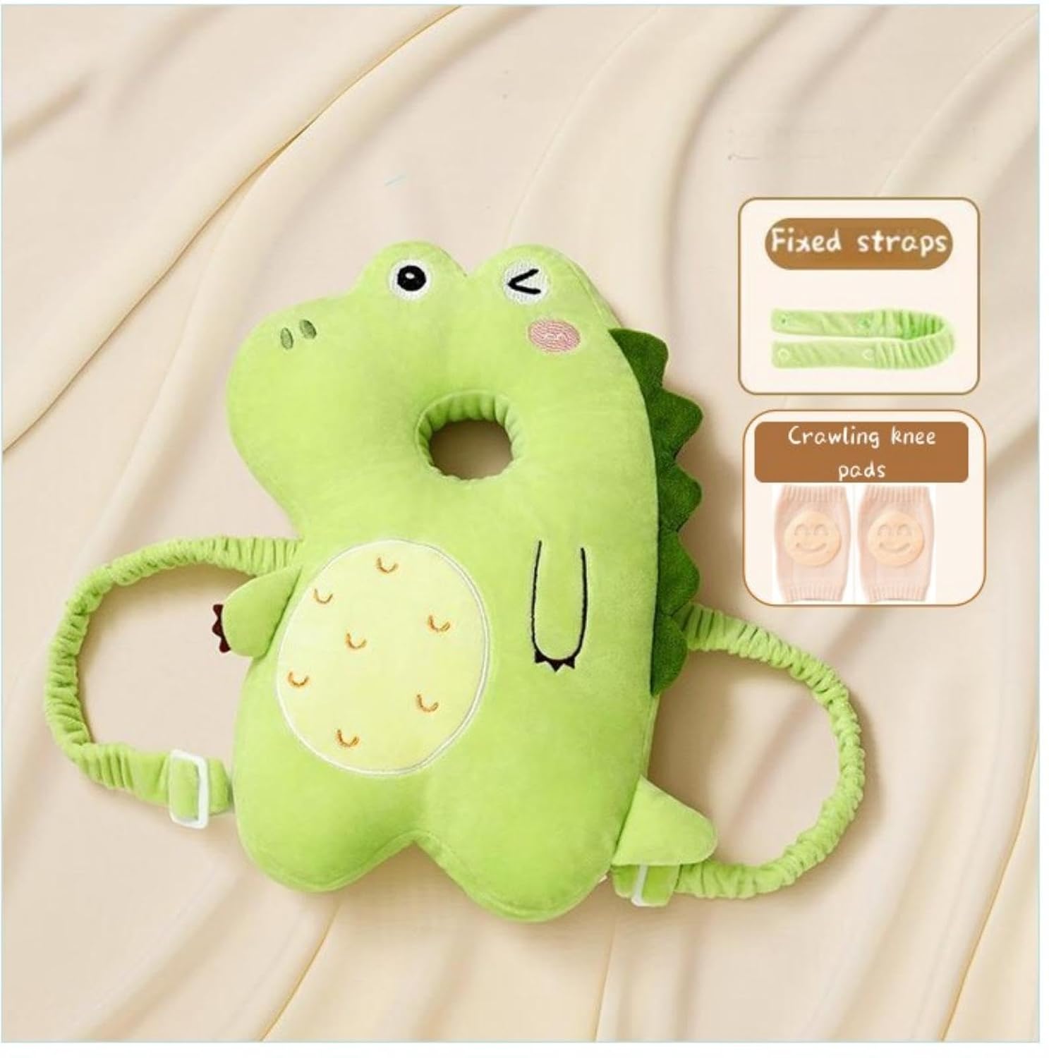 Baby Head Protector Backpack, Adjustable Baby Head Protection with Baby Knee Pads for Crawling, Safety Baby Head Protector for Learning Walking, Baby Head Protection Backpack(Happy Dinosaur)
