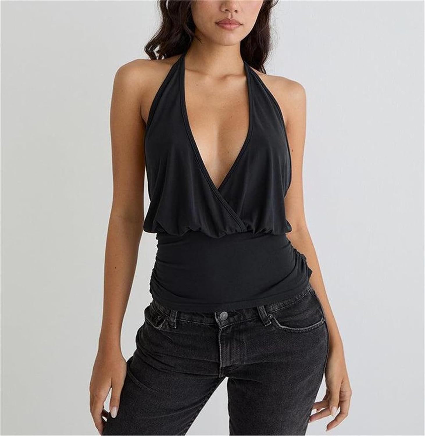 Women Backless Halter Top Tie Back Deep V Neck Camisole Y2k Sleeveless Ruched Crop Top Summer Going Out Outfits - Image 3