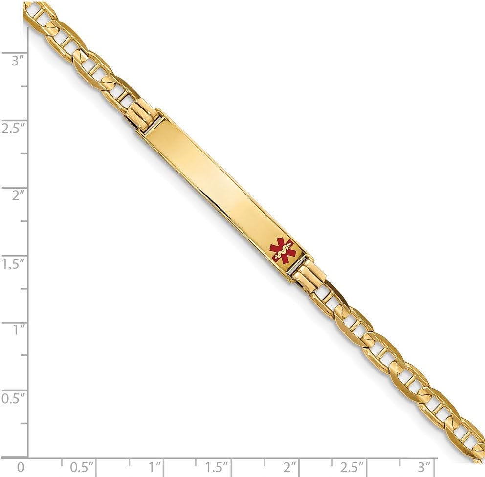Real 14kt Yellow Gold Medical Red Enamel Anchor ID Chain Bracelet; 8 inch; Lobster Clasp