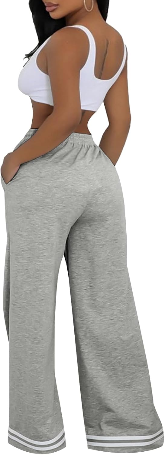 Women Wide Leg Sweatpants High Waisted Sweatpant Baggy Flared Sweat Pants Casual Joggers with Pockets - Image 2