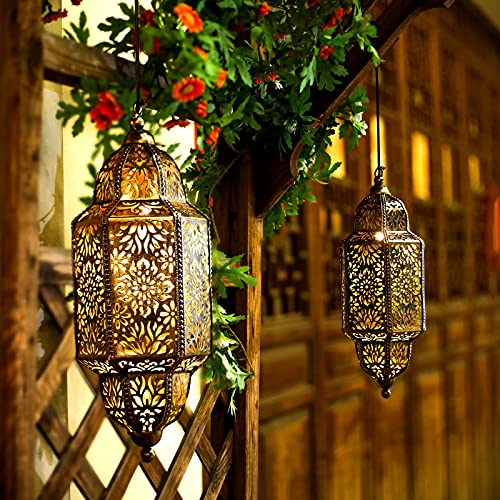 Lifeel Solar Lantern for Outdoor Use, Moroccan Garden Decorative Lamp, Hanging Metal LED Light for Tree, Patio (Bronze) - Image 3