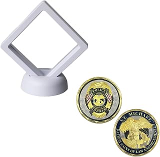 1 Pack St. Michael Police Officers Challenge Coin,Patron Saint of Law Enforcement Prayer Coins + 1 Pack Coin Display Holder, 2.75" Clear Case with Stand for Challenge Coin, White