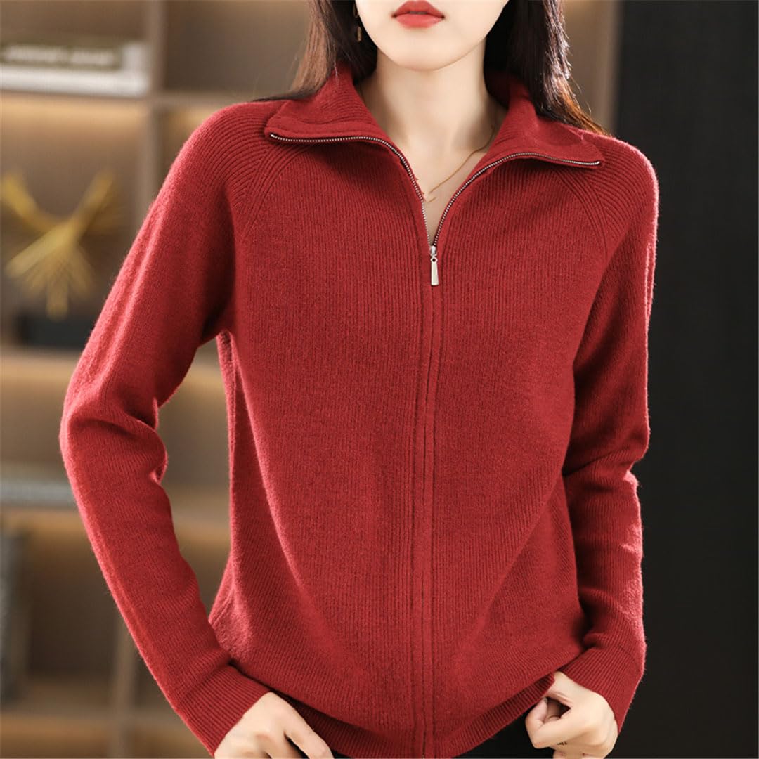 Femmes Laine Pull Double Fermeture Éclair Bas Revers Cardigan Femme Décontracté Tricoté Hauts Veste