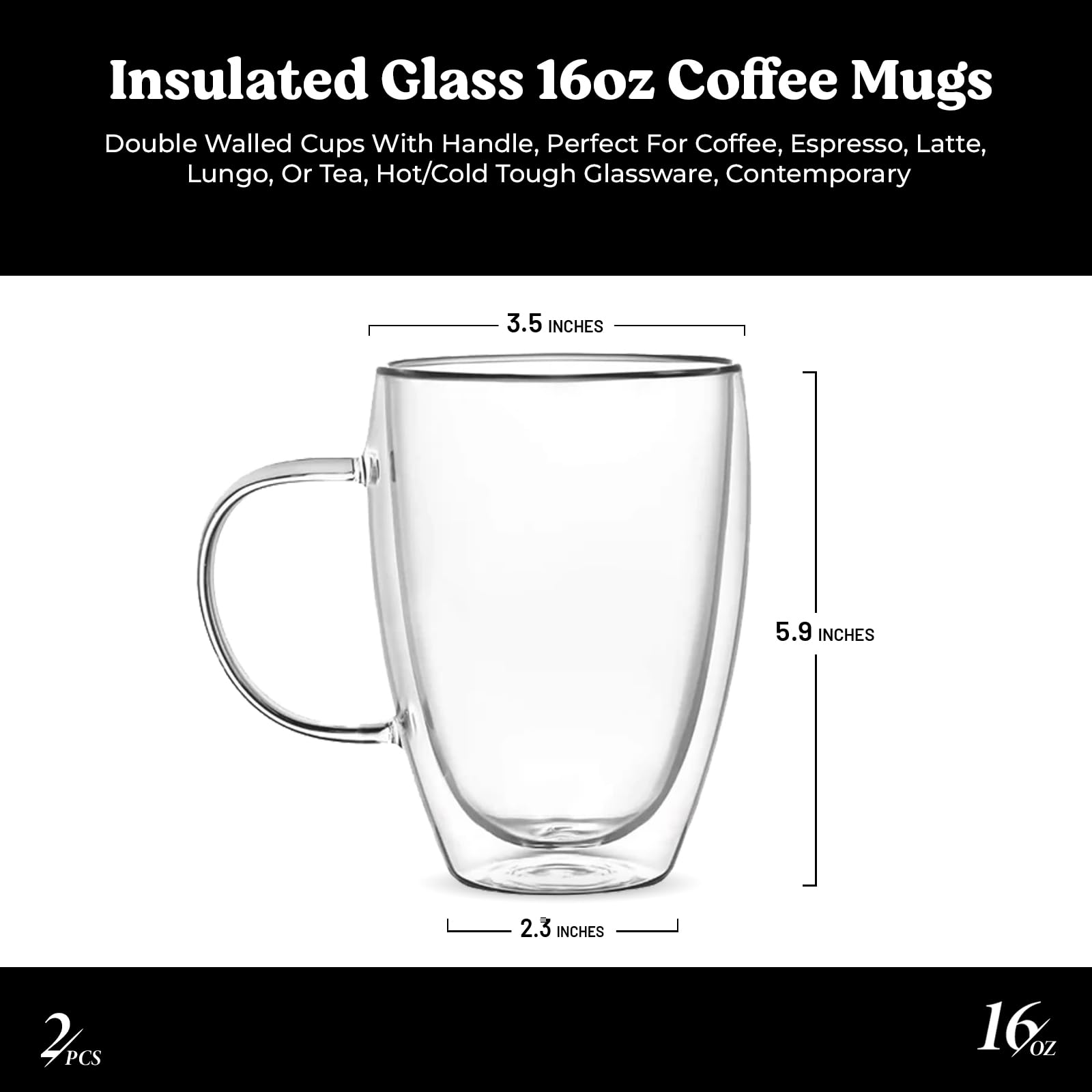 Isolierte Glasbecher, doppelwandig, für Tee, Cappuccino, Eiskaffee, Latte, heiße Getränke, mikrowellen- und spülmaschinenfest, 473 ml, 2 Stück