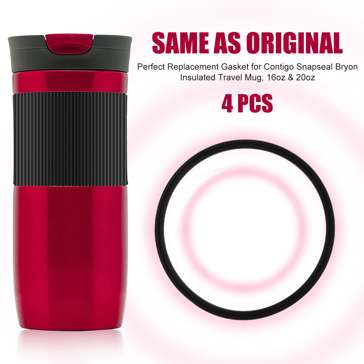 4pcs Replacement Rubber Lid Seals Compatible with 16 & 20 oz Contigo Snapseal Byron Travel Mug, Leak-Proof Rubber Seals Lid Gaskets Replacement for Contigo Mugs (Black)