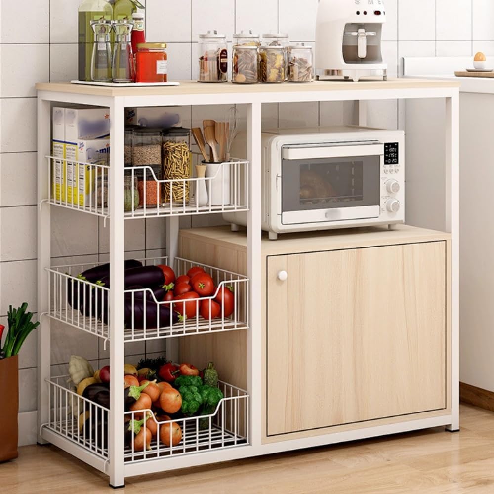 Freestanding Microwave Stand with Fruit and Vegetable Basket, Multi-Tier Kitchen Shelves with Door, Large Capacity Storage Shelves for Pantry, Living Room