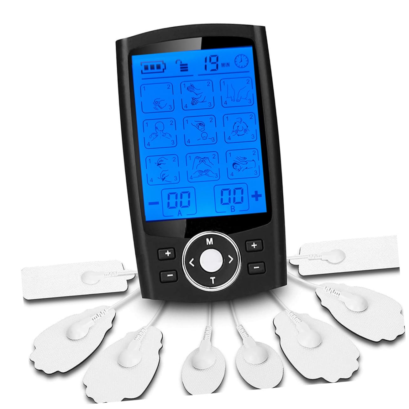 Yardwe Dispositivo de Electromasaje, Máquina de Masaje Muscular con 36 Funciones y 8 Parches de Masaje, Color Plata