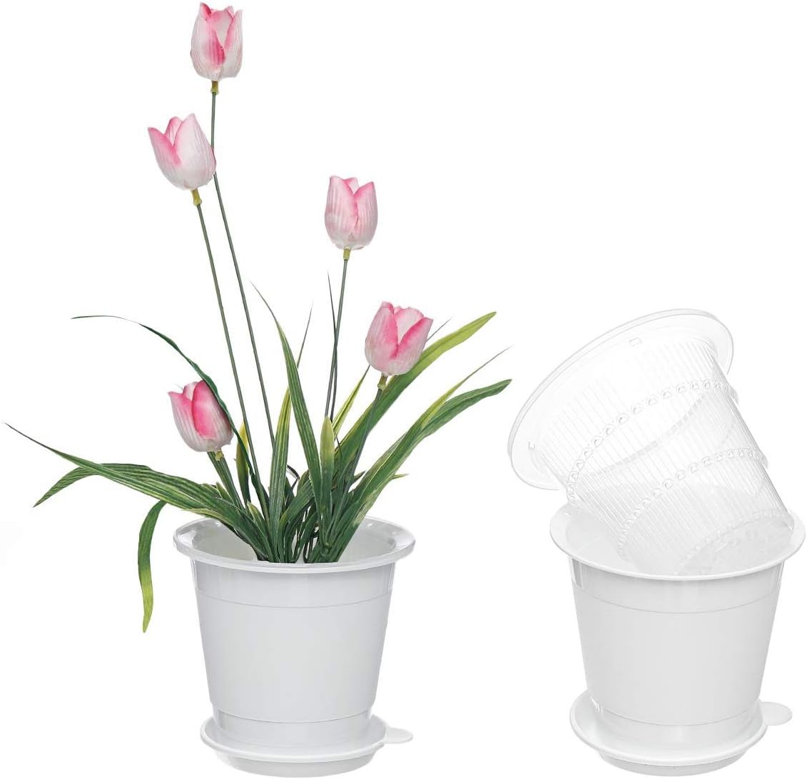 ShoppeWatch Orchid Pots with Holes 5 inch Mesh Net Repotting Planter White Plastic Flower Pots with Drainage Saucer โ 2 Inner, 2 Outer Planters and 2 Saucer Trays PL25