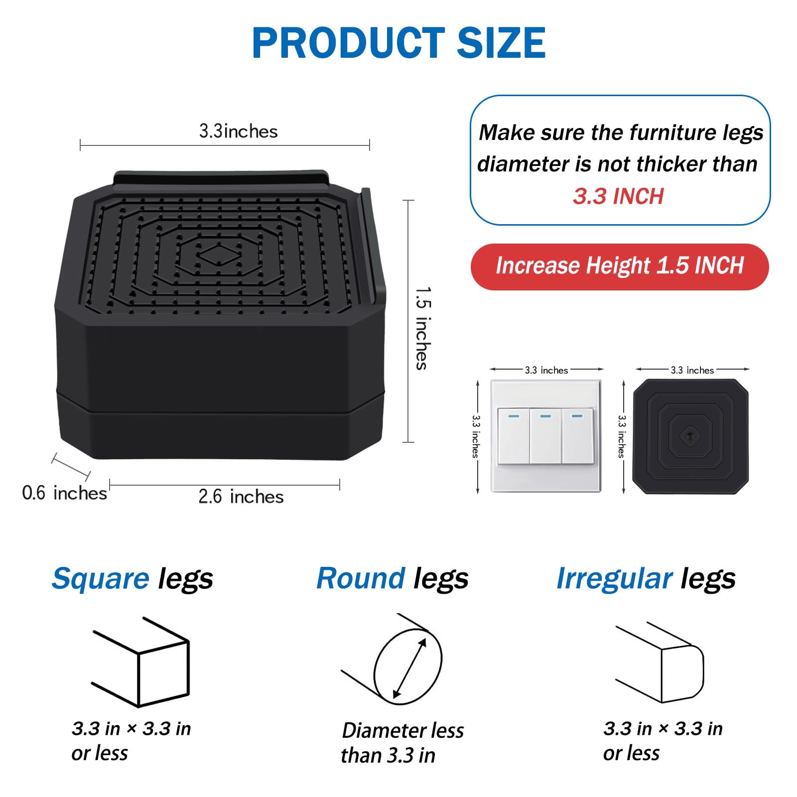 ANNKUT Elevadores de muebles de cama resistentes, bloques de soporte rectangulares ajustables para camas, escritorios, sofás, sillas, elevación de hasta 1.5 pulgadas, soporta hasta 4000 libras (negro)