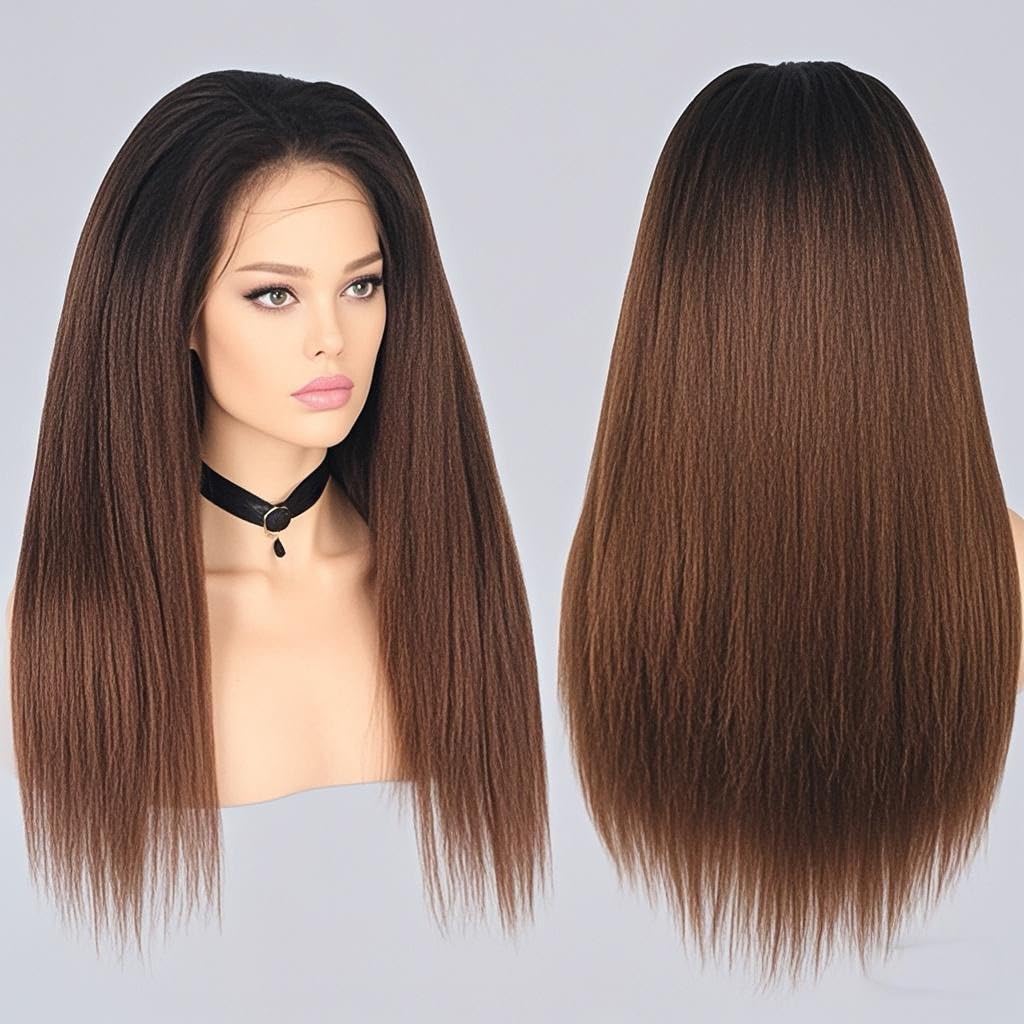Ombre Kinky Straight Human Hair Wig 13x4 Brown Color Yaki Straight Human Hair Wig Pre Plucked with Baby Hair Free Part Brazilian Yaki Wigs for Women 180% Density 24 Inch