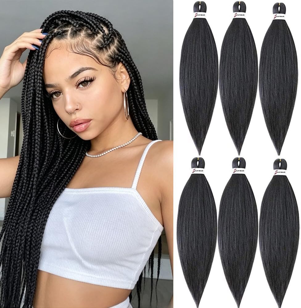 MSBELLE 6 Packs/Lot Pre Stretched Braiding hair 26 Inch Ombre Braiding Hair Extensions Hot Water Setting Crochet Synthetic Braids Hair Black(1#)