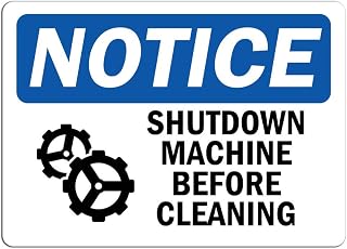 Notice - Shutdown Machine Before Cleaning Sign with Symbol | Label Decal Sticker Retail Store Sign Sticks to Any Surface 8"