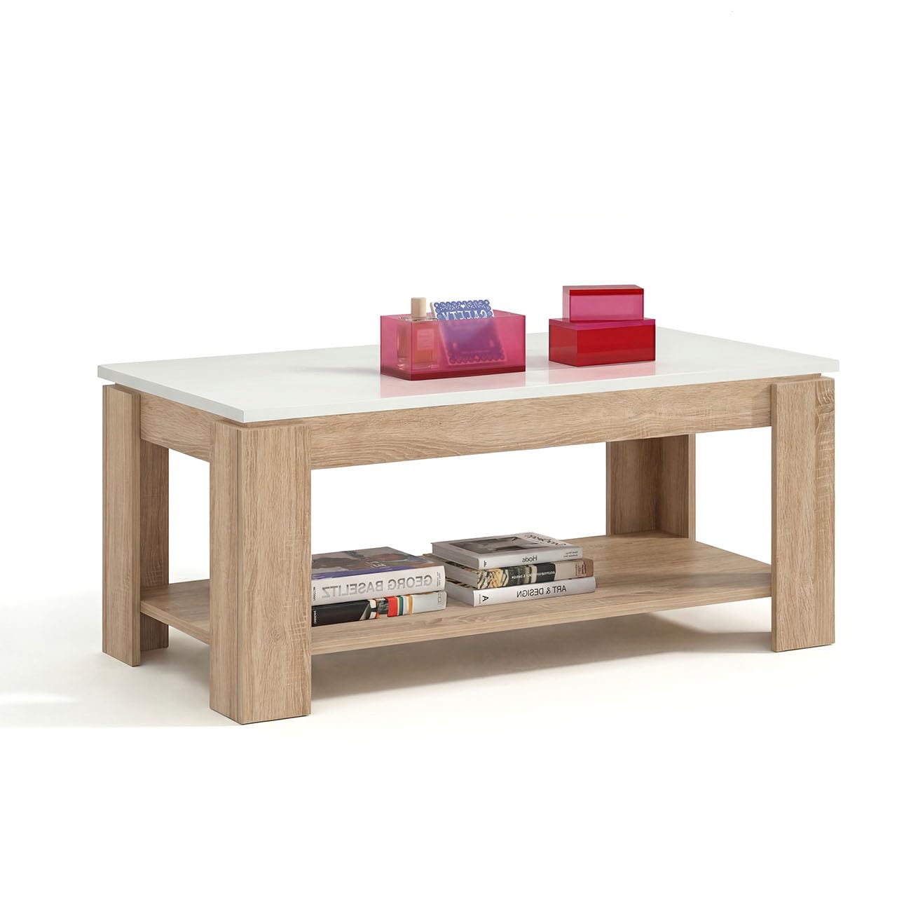 duehome | Mesa de Centro Elevable, Mesa Auxiliar, Modelo LYA, Acabado en Color Roble Canadian y Blanco Artik, Medidas: 102 cm (Largo) x 50 cm (Ancho) x 43-54 cm (Alto)