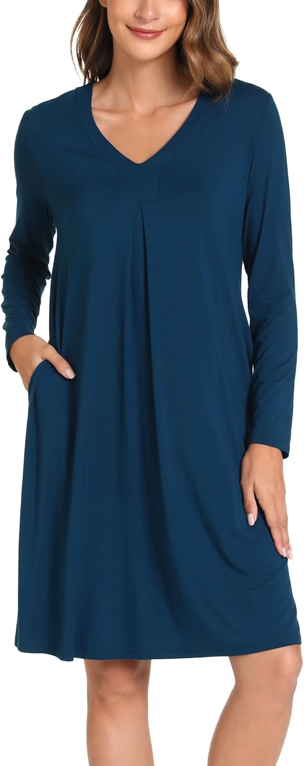 GYS Bamboo Viscose Women's Nightgowns Long Sleeve V-neck Sleepwear with Pockets