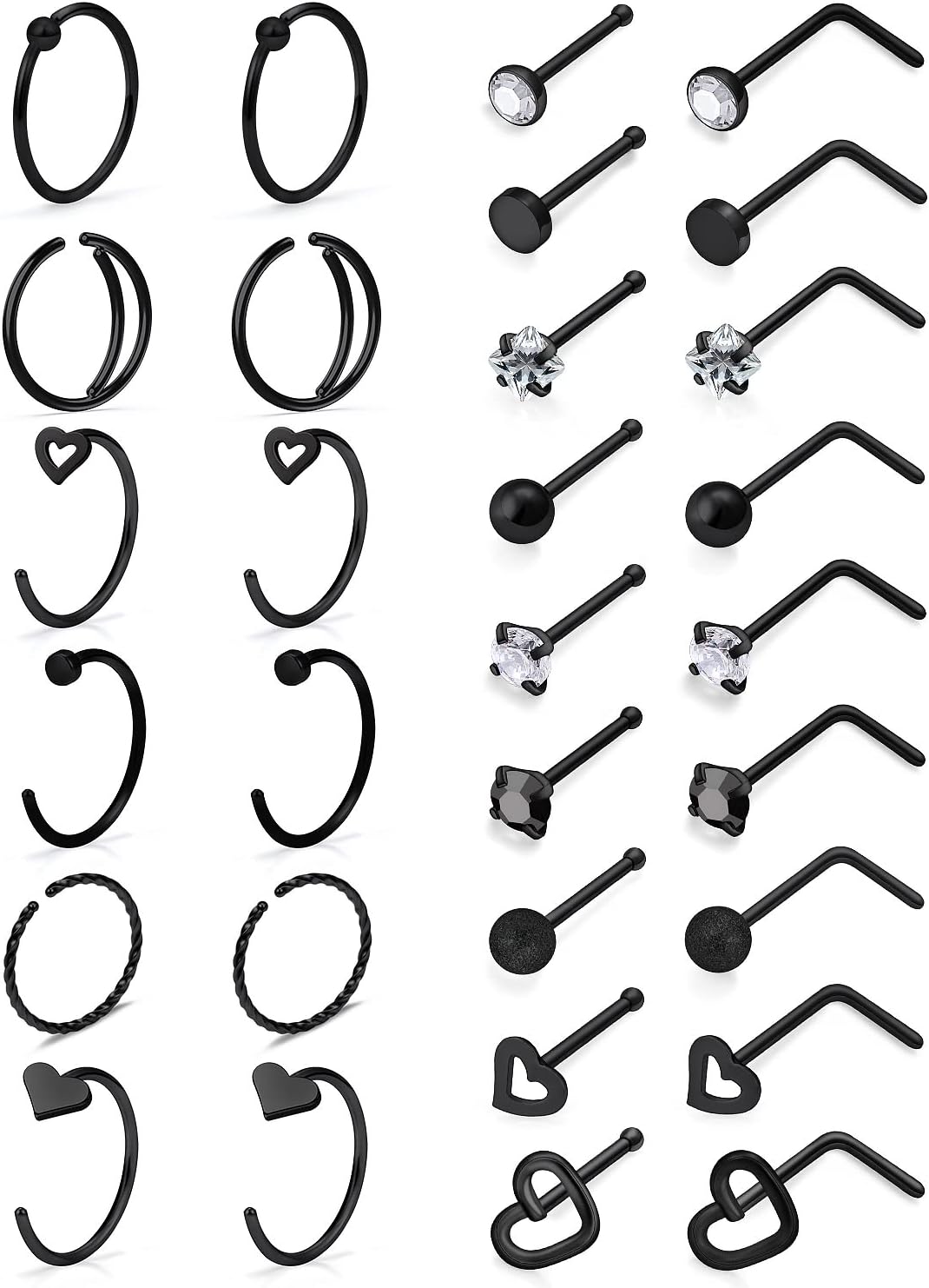 20g Nose Rings Studs Hoops Piercings Jewelry for Women Hypoallergenic Black Rainbow Surgical Steel Straight l Shaped Bars