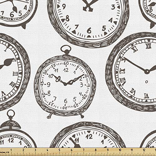 Ambesonne Clock Fabric by The Yard, Vintage Pocket Watch Numbers on It Antique Design Chronometers Old Fashioned Print, Decorative Fabric for Upholstery and Home Accents, 2 Yards, White Brown
