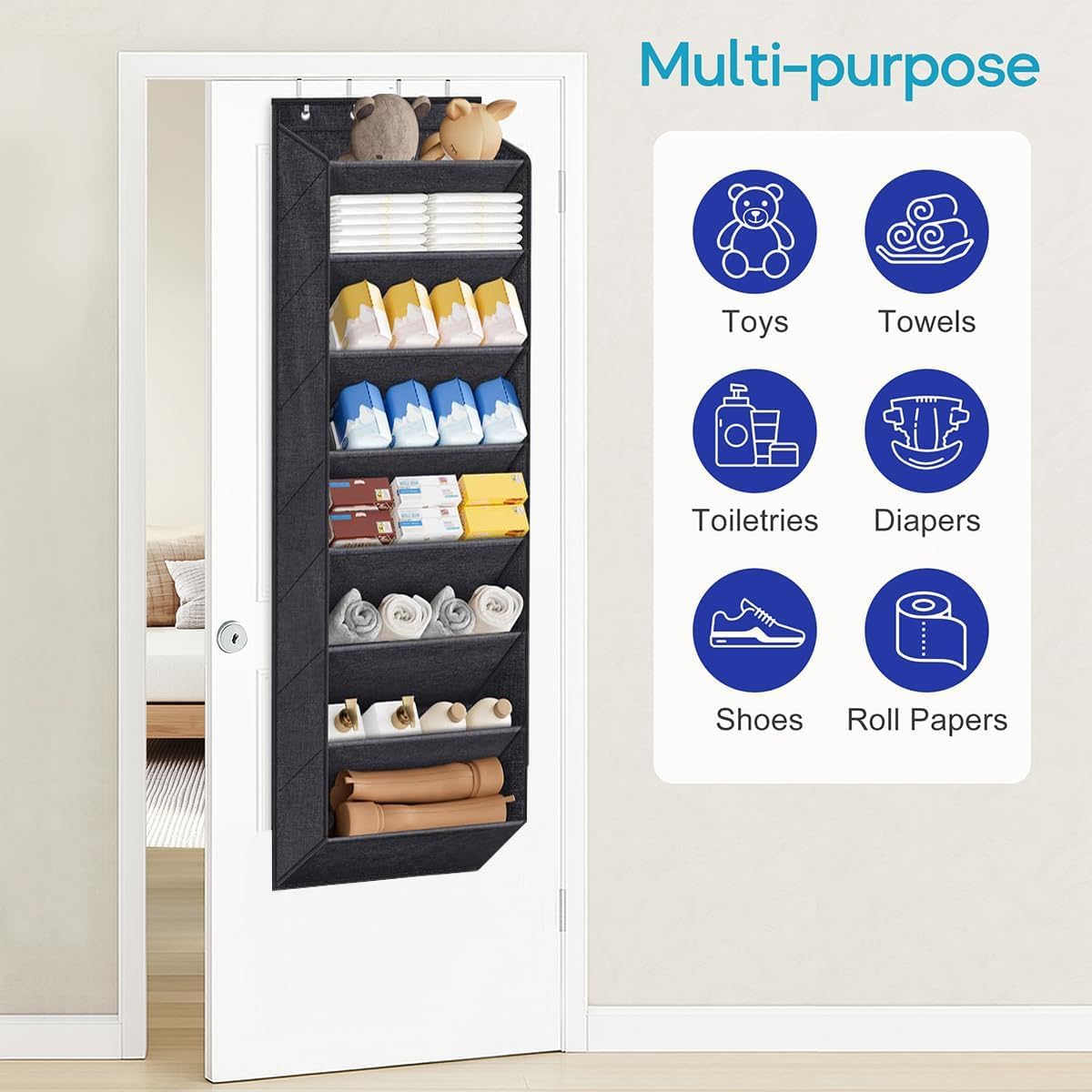 MISSLO Hanging Shoe Storage Over Door Shoe Organiser with 8 Large Deep Pockets Narrow Wall Mounted Shoe Rack for Doors Boots Organizer Holder Hanger, Black