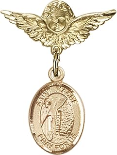 14kt Yellow Gold Baby Badge with St. Fiacre Charm and Angel w/Wings Badge Pin 1 X 3/4 inches