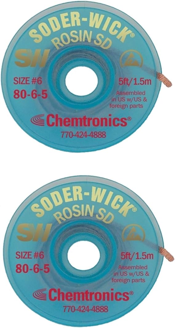 Chemtronics 8065 SODERWICK Rosin Desoldering Braid, .210 inch, 5ft on ESD Safe Spool 2 pack
