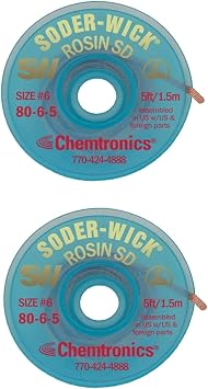 Chemtronics 80-6-5 SODER-WICK Rosin Desoldering Braid, .210 inch, 5ft on ESD Safe Spool -2 pack