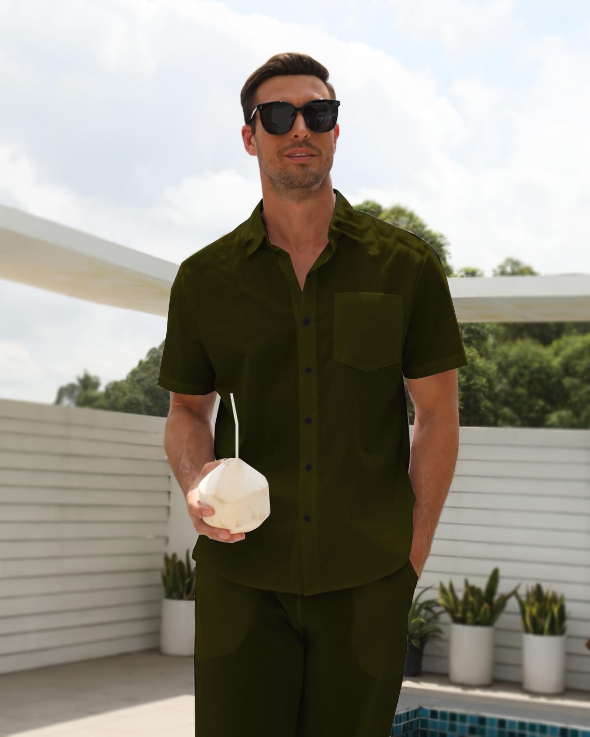 Men's Linen sets 2 Piece Outfits Beach Wedding Clothes Casual Button Down Shirts Yoga Pants Summer Matching Suit - Image 5