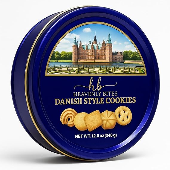 Heavenly Bites Danish Style Butter Cookies in Metal Tin 12 Ounce (6 Pack)
