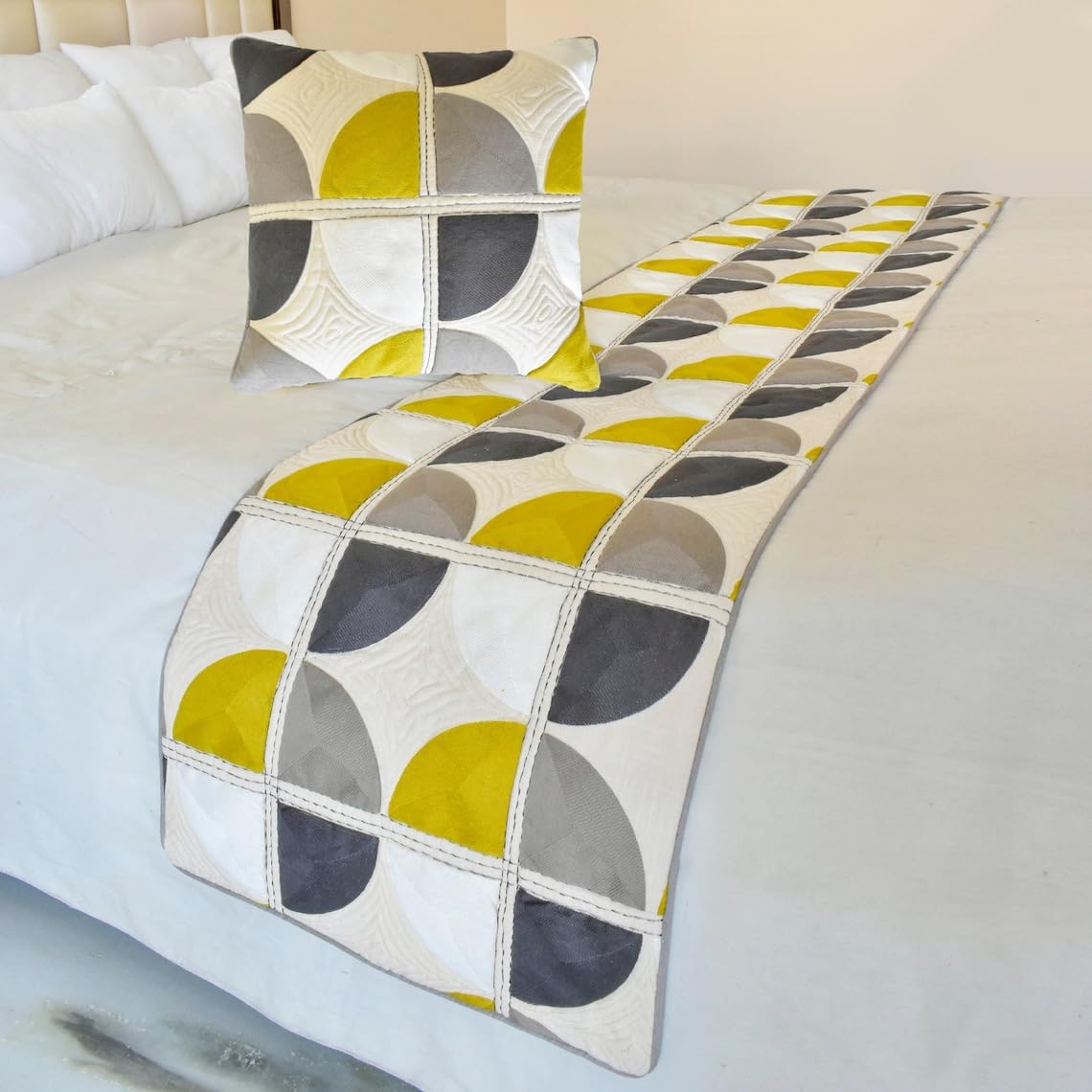 The HomeCentric King/Queen/Twin Yellow & Grey Designer Full 170x45 cm Bed Runner WITHOUT Cushion Cover, Emboroidered, Quilted & Geometric Bed Scarf on Cotton fabric - Geo Fusion