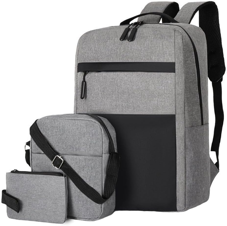 Laptop Backpack Set 3-Piece Travel Bag Collection with USB Port 15.6 Inch Computer Compartment Water-Repellent (Black and Grey)