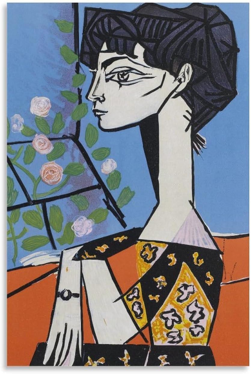 QSDTGHUIKP Jacqueline with Flowers by Pablo Picasso Poster and Prints Abstract Canvas Painting Picasso Wall Art for Office Picture Decor 16x24inx1 Frameless