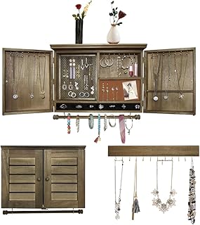 MULIFEE Rustic Wall Mounted Jewelry Organizer,Vintage Wooden Hanging Jewelry Holder Box with Barndoor Decor for Necklaces, Earings, Bracelets, Rings, Accessories. Includes Hook Organizer