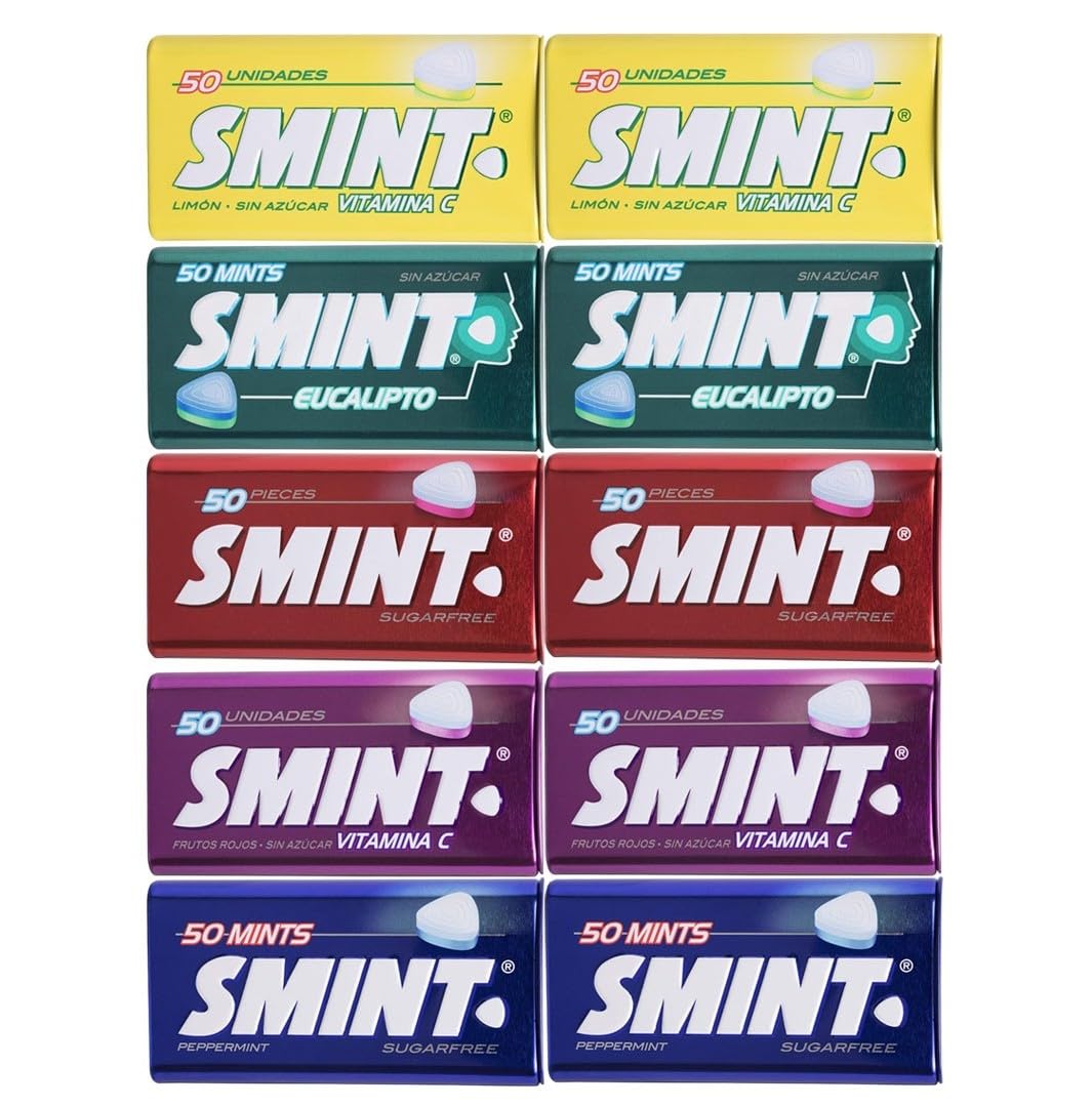 iChuches - Smint Sour 3 Limón + 3 Fresa, XL 4 Menta + 4 Fresa y Tin Surtido 10 Unidades 5 Sabores – Caramelos Refrescantes de Menta y Fruta para Llevar