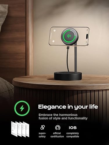 Miniatura 7 de THREEKEY Estación de carga, para cargador MagSafe con rotación de 180, almohadilla de carga rápida Qi2 de 15 W con imanes de doble cara, soporte de