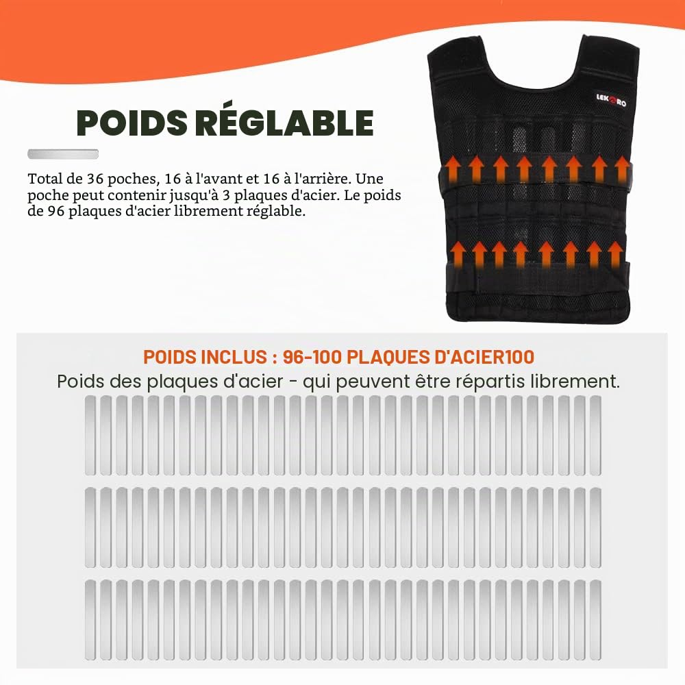 Ensemble de Gilet Lesté Réglable Avec Poids Pour Bras et Jambes - Kit d'Entraînement de Musculation, Veste, Poignet et Chevilles en Nylon (96 à 100 Plaques d'Acier)