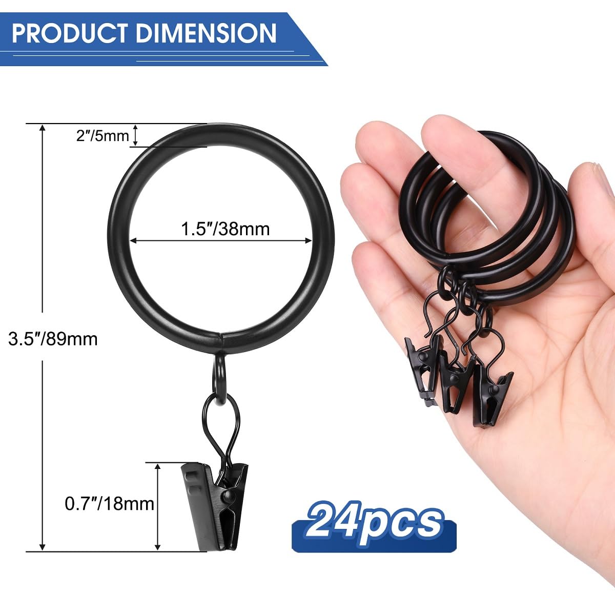 Lot de 24 anneaux de rideau avec clips - Diamètre intérieur : 3,8 cm - Convient pour une tringle jusqu'à 3,1 cm - Noir