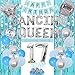 Wonmelody 17th Birthday Banner Decorations for Girls Blue and Sliver Dancing Queen 17th Birthday Decor Disco Party Decors Dancing Queen Banner Birthday Party Supplies Crown Balloon Fringe Curtains